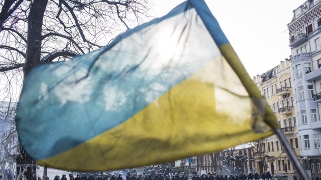 A Ukrainian flag flies in the wind