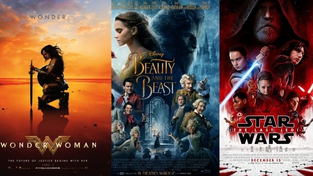 Posters for "Wonder Woman," "Beauty and the Beast" and "Star Wars: The Last Jedi"