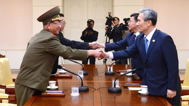 North Korean and South Korean officials meet in the truce village of Panmunjom in 2015
