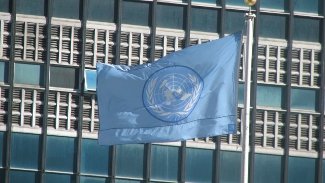 United Nations flag in front of the U.N. building