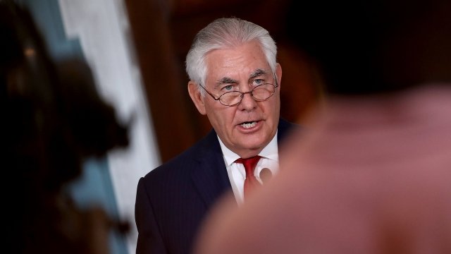 Secretary of State Rex Tillerson talks to the press