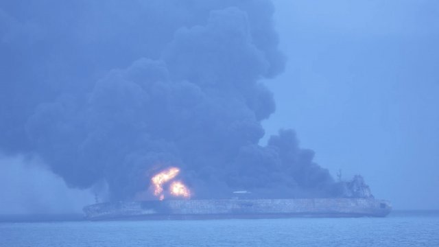 Oil tanker on fire off the coast of China.