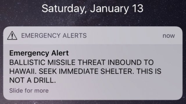 Screenshot of the false emergency alert to Hawaii