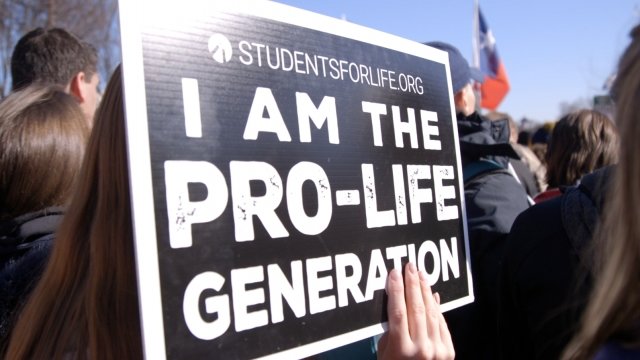 A demonstrator in the March For Life holds a sign.