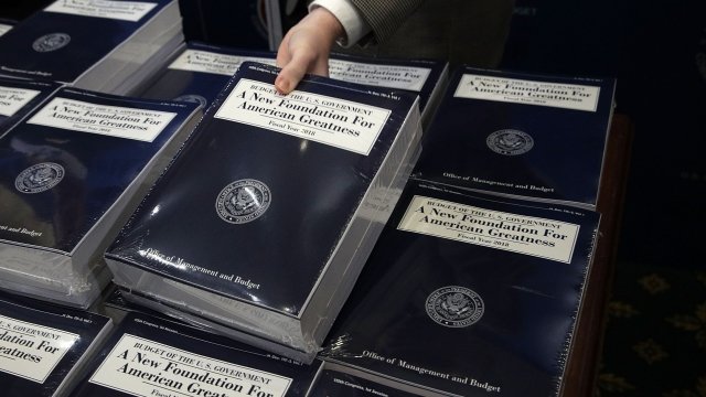 Stacks of President Donald Trump's 2018 budget proposal