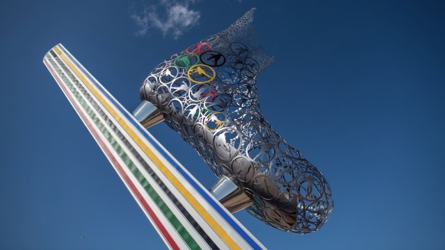 An ice-skate sculpture is displayed in the Gangneung Coastal Cluster.
