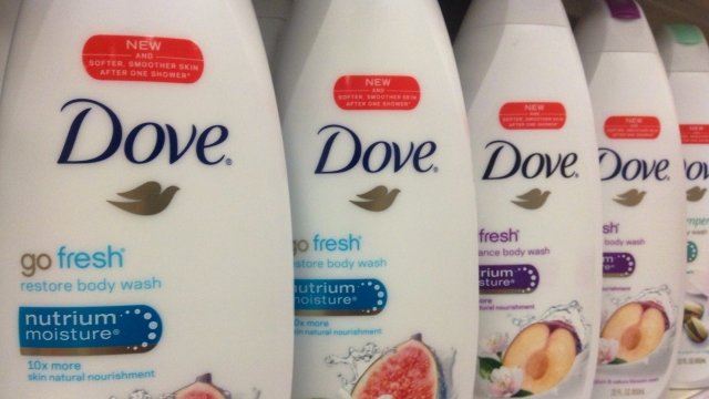Bottles of Dove soap on display
