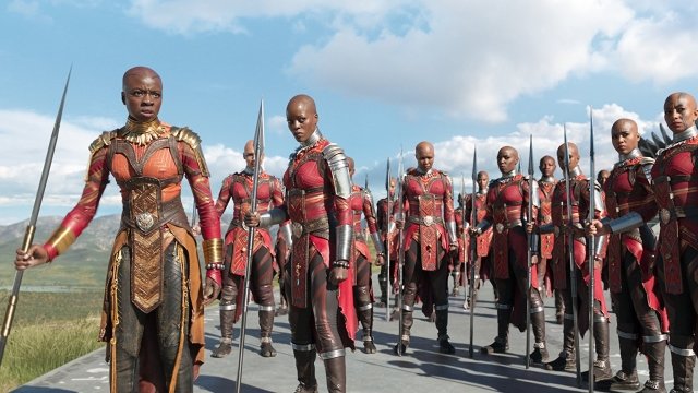 Wakanda's General Okoye stands among her all female special forces. Florence Kasumba and Danai Gurira in Black Panther (2018)