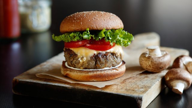 A photo of a blended mushroom and beef burger.