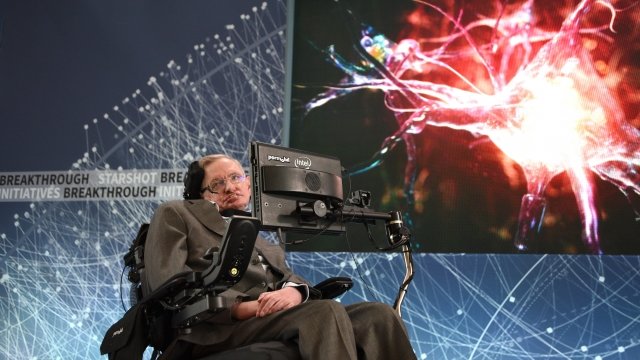 Stephen Hawking on stage at the Breakthrough Starshot initiative