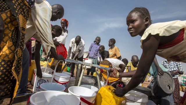 South Sudanese refugees use Oxfam water pumps