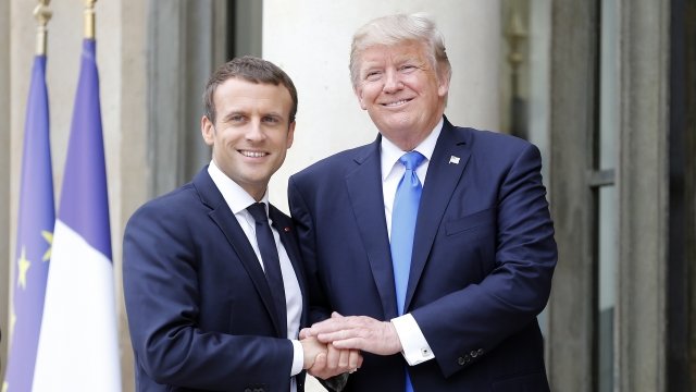 French President Emmanuel Macron welcomes US President Donald Trump prior to a meeting at the Elysee Presidential Palace