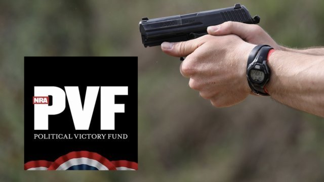 A gun and the NRA Political Victory Fund logo