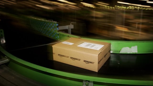 An Amazon package on conveyor belt