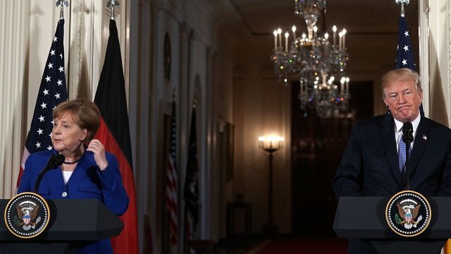 President Donald Trump at a press conference with German Chancellor Angela Merkel