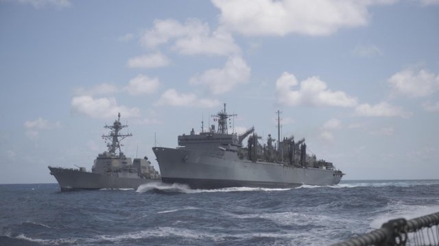U.S. Navy guided-missile destroyer and fast combat support ship in Atlantic Ocean