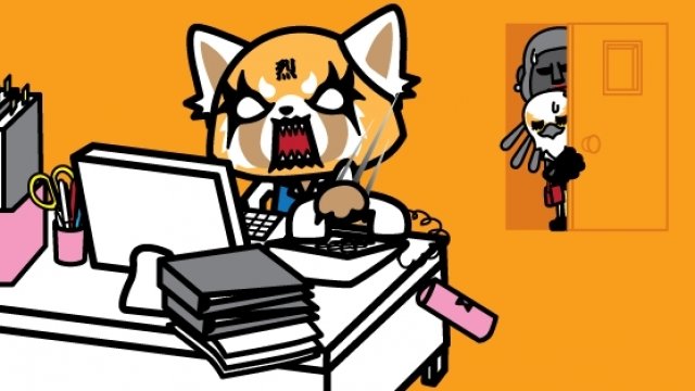 Sanrio character "Aggretsuko" at desk.