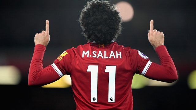 Mohamed Salah of Liverpool celebrates scoring during the Premier League match.