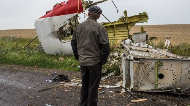 A man looks at the wreckage of Malaysia Airlines flight 17