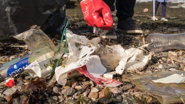 Volunteers collect plastic rubbish and waste washed up on the beach.