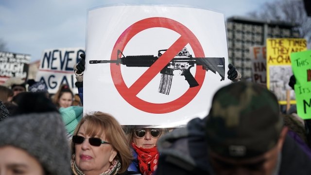 Person holds up sign protesting assault weapons