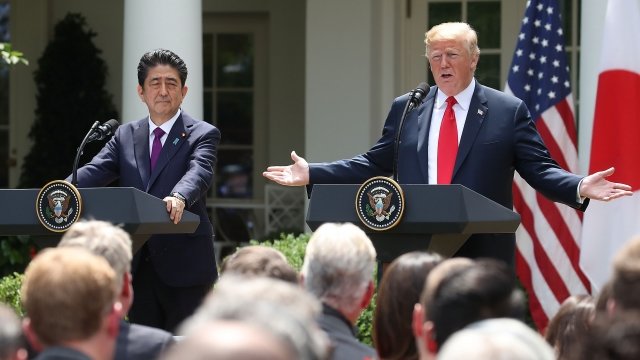 Prime Minister Shinzo Abe and President Donald Trump hold a press conference.