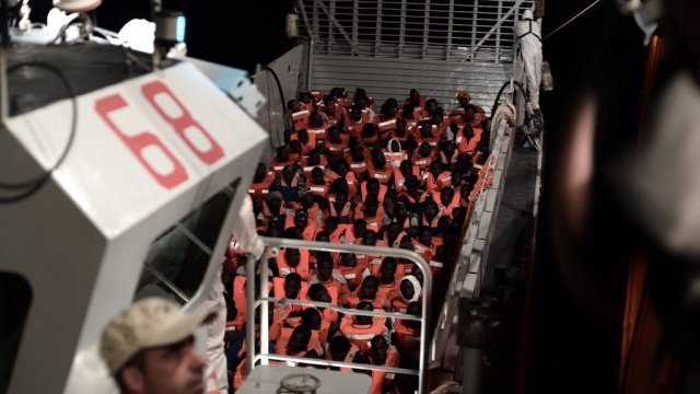 Migrants aboard the search-and-rescue ship Aquarius