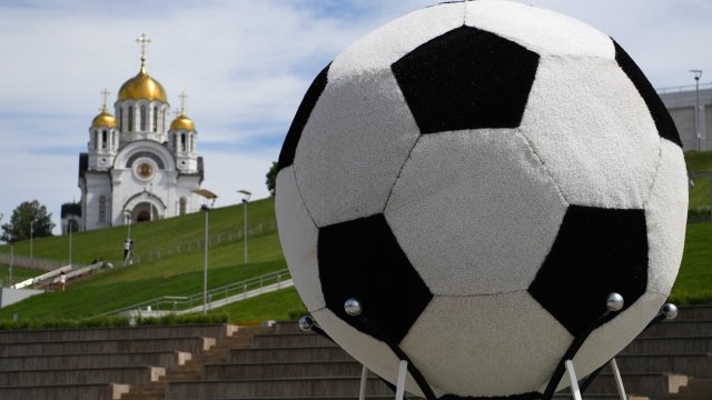 A general view of a giant football and church in glory square in Samara prior to the start of the 2018 FIFA World Cup on June