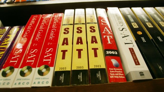 SAT study books on a shelf
