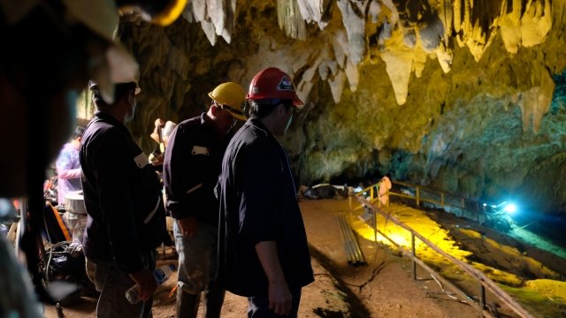 A group of rescuers inside Tham Luang Nang Non cave in Chiang Rai, Thailand