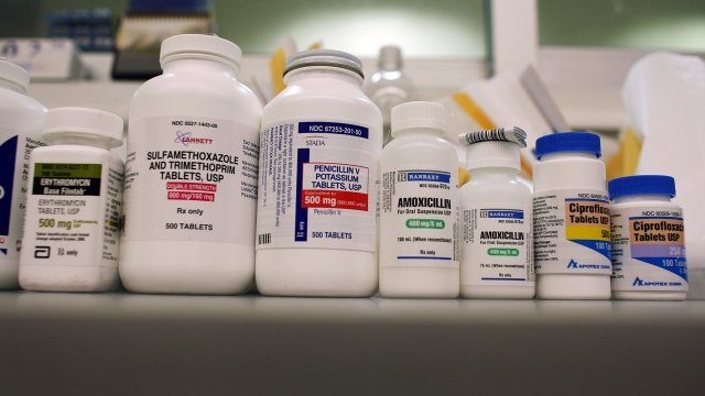 Bottles of antibiotics on a shelf