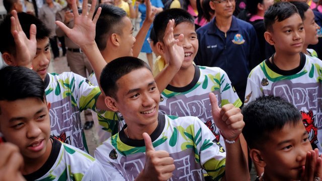 Thai boys who were trapped in cave for more than two weeks at press conference
