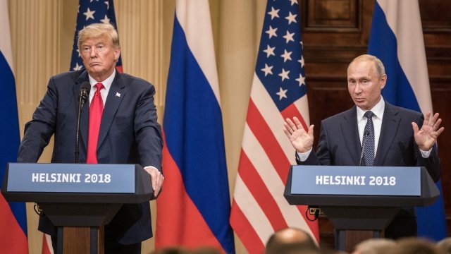 President Donald Trump and Russian President Vladimir Putin speak at a press conference in Helsinki, Finland