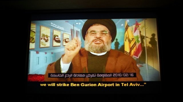 Hezbollah leader Hassan Nasrallah is shown during an introduction video at the Resistance Museum.