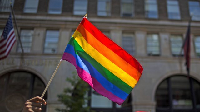 Pride flag waves during Gay Pride parade in New York