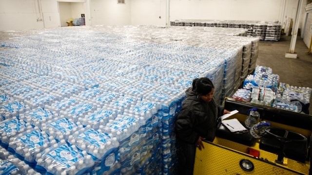 Water bottles being prepared for distribution in a warehouse in Flint, Michigan.