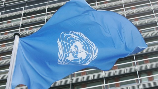 United Nations flag blows in the wind in front of the UN German headquarters in 2006
