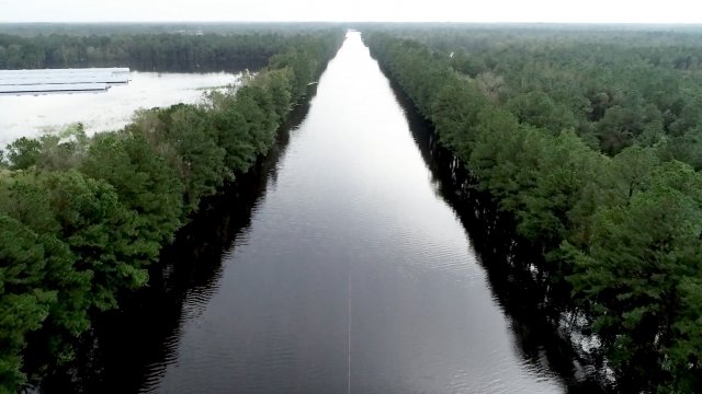 Interstate 40 in North Carolina covered in floodwater.