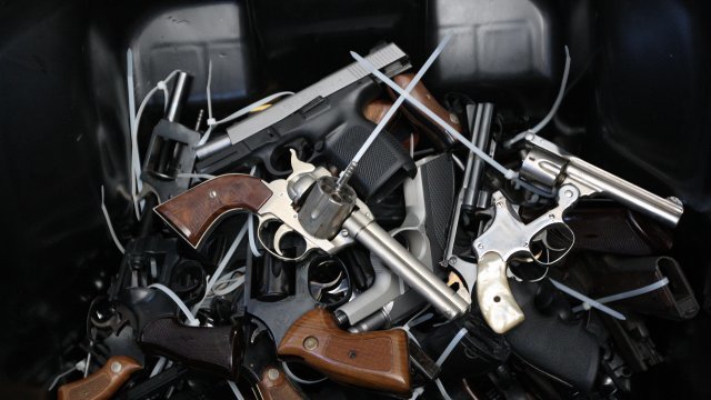 Surrendered handguns in a bin
