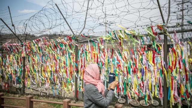 A woman near a barbed wired fence at the DMZ