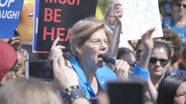 U.S. Sen. Elizabeth Warren speaking at the protest.