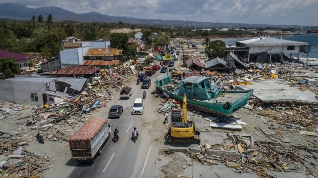Destruction after earthquake and tsunami on Indonesian island of Sulawesi