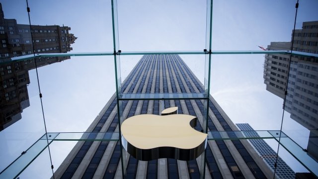 Apple logo on the exterior of the Apple Store on Fifth Avenue in New York City in 2015