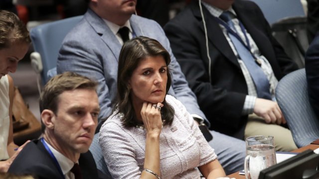 U.S. Ambassador to the United Nations Nikki Haley looks on during a United Nations Security Council meeting at the UN.