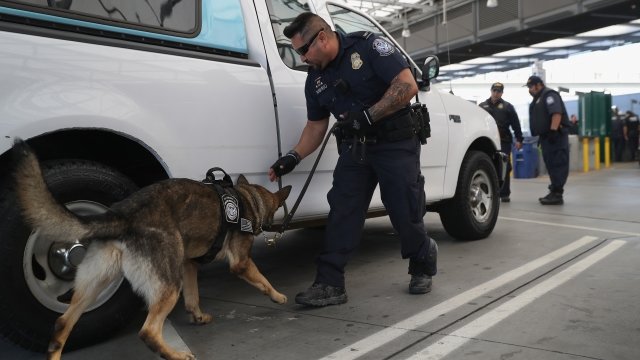 U.S. Customs and Border Protection K-9 checks cars crossing into the United States from Mexico in September 2016