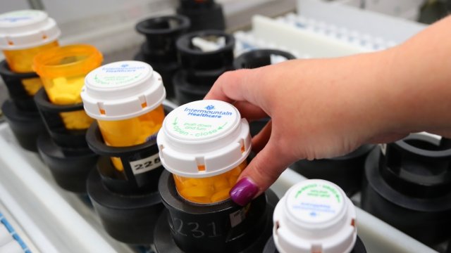 Bottles of prescription drugs being packaged on an automatic line at Intermountain Heathcare in Utah on September 10, 2018