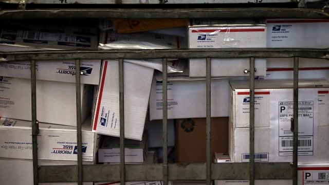 Packages in a crate at a United States Post Office building