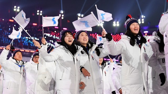 The unified Korea team marches during 2018 olympic opening ceremony