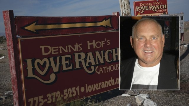 Bunny Ranch sign and Dennis Hof.