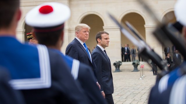 President Donald Trump (left) and President Emmanuel Macron (right) meet in France. Photo from 2017.